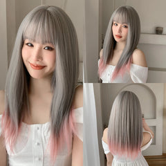 Fast Delivery Long Burgundy Straight Synthetic Heat Resistant Wigs with Bangs Ombre Wine Red Wig for Women Afro