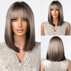 Outlet Synthetic Bob Short Hair with Bangs Straight Black Brown Natural Color Rose Net Wig Heat Resistant