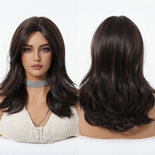 Direct Deep Brown Black Ombre Highlight Wig Elastic Cap High-Temperature Fiber Synthetic Hair Real Photo Straight Style