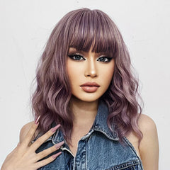Purple Synthetic Wigs Short BoBo Deep Curly Wig with Bangs for Cosplay Daily Party Lolita Hair