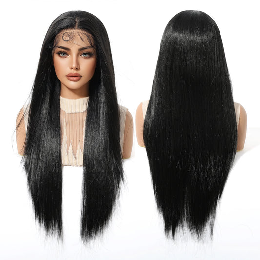 Japanese Future Fiber 13x4 Lace Front Synthetic Wig Long Straight 30-Inch Natural Black Soft Hair Bangs High Temperature Fiber