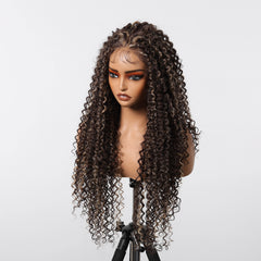 Long 13x6 Lace Synthetic Wigs Dark Brown Highlight Curly Wig for Black Women Natural High Density Daily Use