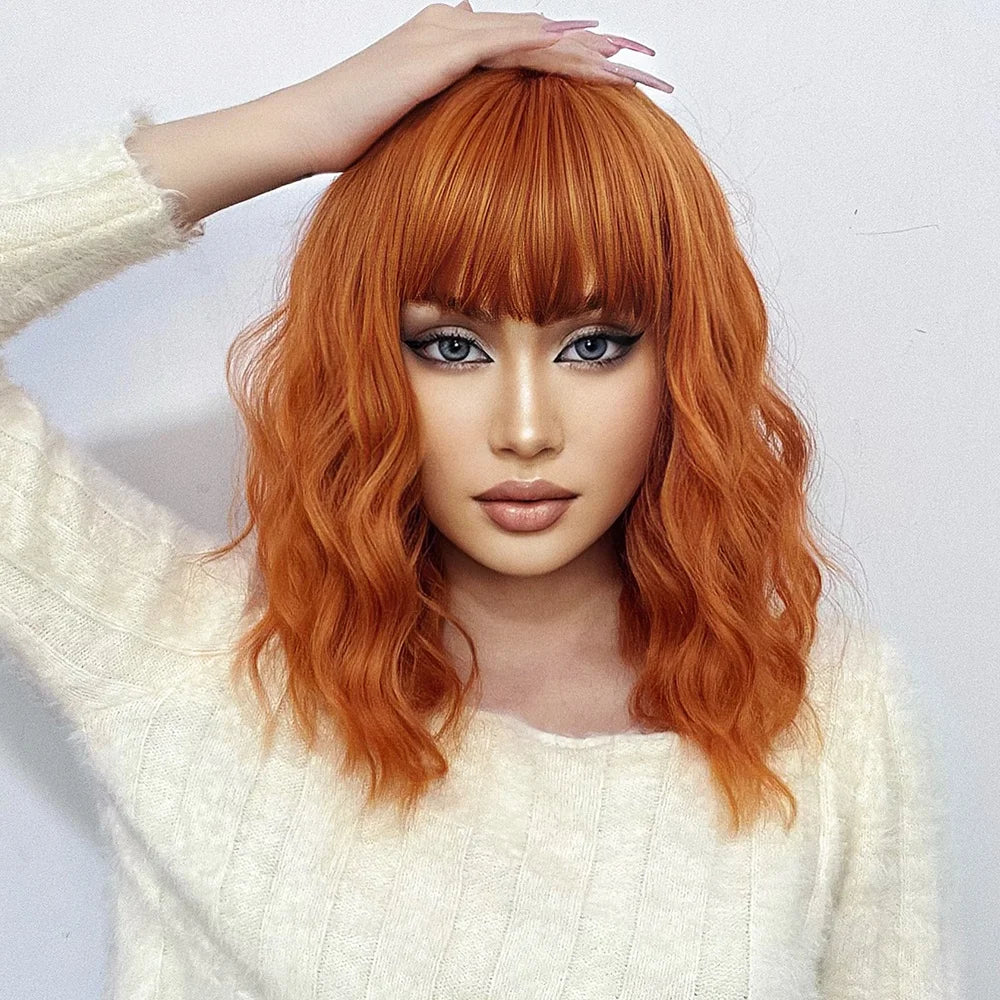 Orange Synthetic Wigs Short BoBo Deep Curly Wig with Bangs for Women Cosplay Daily Party Lolita Hair