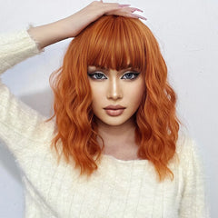 Orange Synthetic Wigs Short BoBo Deep Curly Wig with Bangs for Women Cosplay Daily Party Lolita Hair