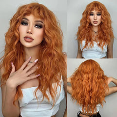Wigs Wholesale Ash Brown Wave Synthetic Wigs With Bangs Long Brown Highlight Curly Wig Mixed Brown Heat Resistant False Hair