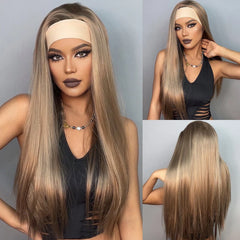 Long Blonde Brown Ombre Straight Hair Wig Synthetic Wig Headband Wig Heat-resistant Breathable Cap Real Photo