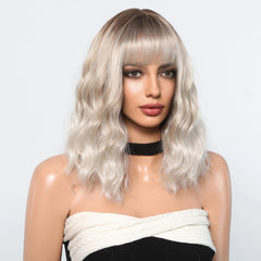 Stock Enough Blonde White Ombre Medium Length Synthetic Wig With Bang Wave Wig Curly Natural Wig Durable Smooth Live Photos
