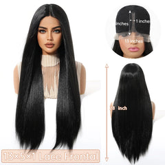 High Quality 32inch T-shaped Future Fiber Lace Front Wig Soft and Smooth Black Lace Wig Real Photo