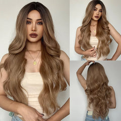 Inventory delivery Long Wavy Hair Wig Ombre Brown to Blonde Daily Natural Synthetic Wig for Women Heat Resistant Fiber