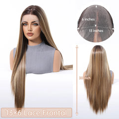 13x6 Free Hair Part Synthetic Future Fiber Lace Wig Soft Straight Deep Brown Blonde Stripe Heat-resistant Smooth High Density