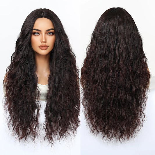 Synthetic Future Fiber Long Red-Brown for Ombre Mixed Stripes Wig Elastic Cap Natural Loose Wavy No Bangs Water Wave Style
