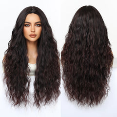 Synthetic Future Fiber Long Red-Brown for Ombre Mixed Stripes Wig Elastic Cap Natural Loose Wavy No Bangs Water Wave Style