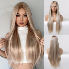 Japan Synthetic T-part Lace Wigs Long Wavy Mixed Ombre Brown to Black Wig Fashion Part Natural Hair Wig for Women