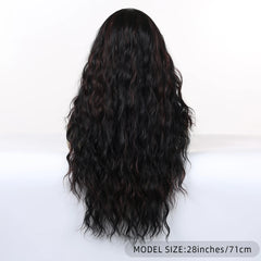 Synthetic Future Fiber Long Black Mixed Brown Stripes Heat-Resistant Elastic Cap Natural Loose Wave No Bangs Hairline Wig