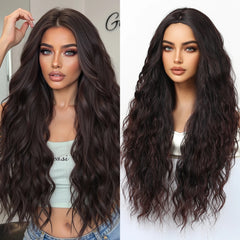 Synthetic Future Fiber Long Red-Brown for Ombre Mixed Stripes Wig Elastic Cap Natural Loose Wavy No Bangs Water Wave Style