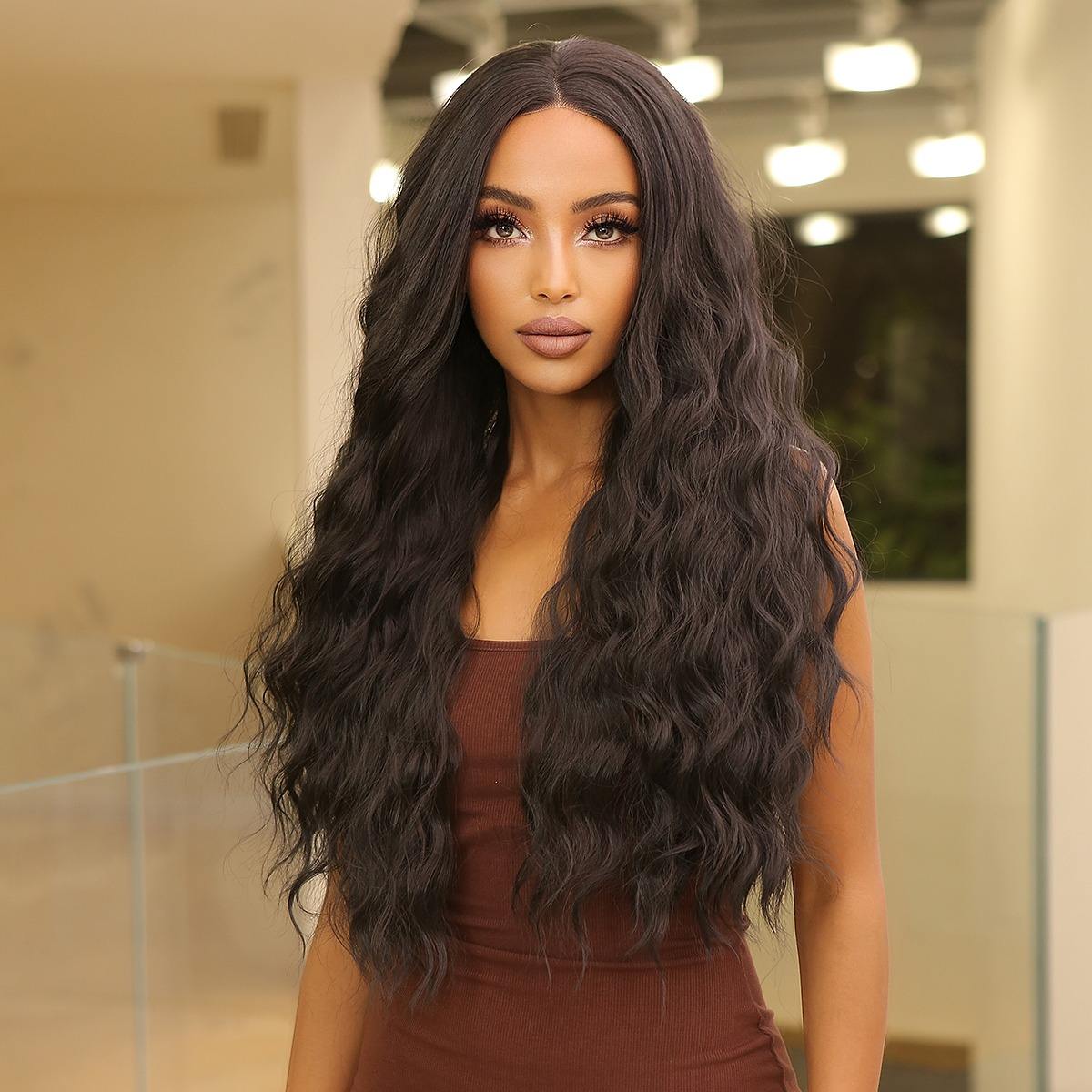 Japan Fiber 13x4 Long Curly Wavy Lace Front Synthetic Wigs Dark Black Brown Deep Wave Lace Wigs for Black Women Natural Futura