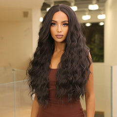 Japan Fiber 13x4 Long Curly Wavy Lace Front Synthetic Wigs Dark Black Brown Deep Wave Lace Wigs for Black Women Natural Futura