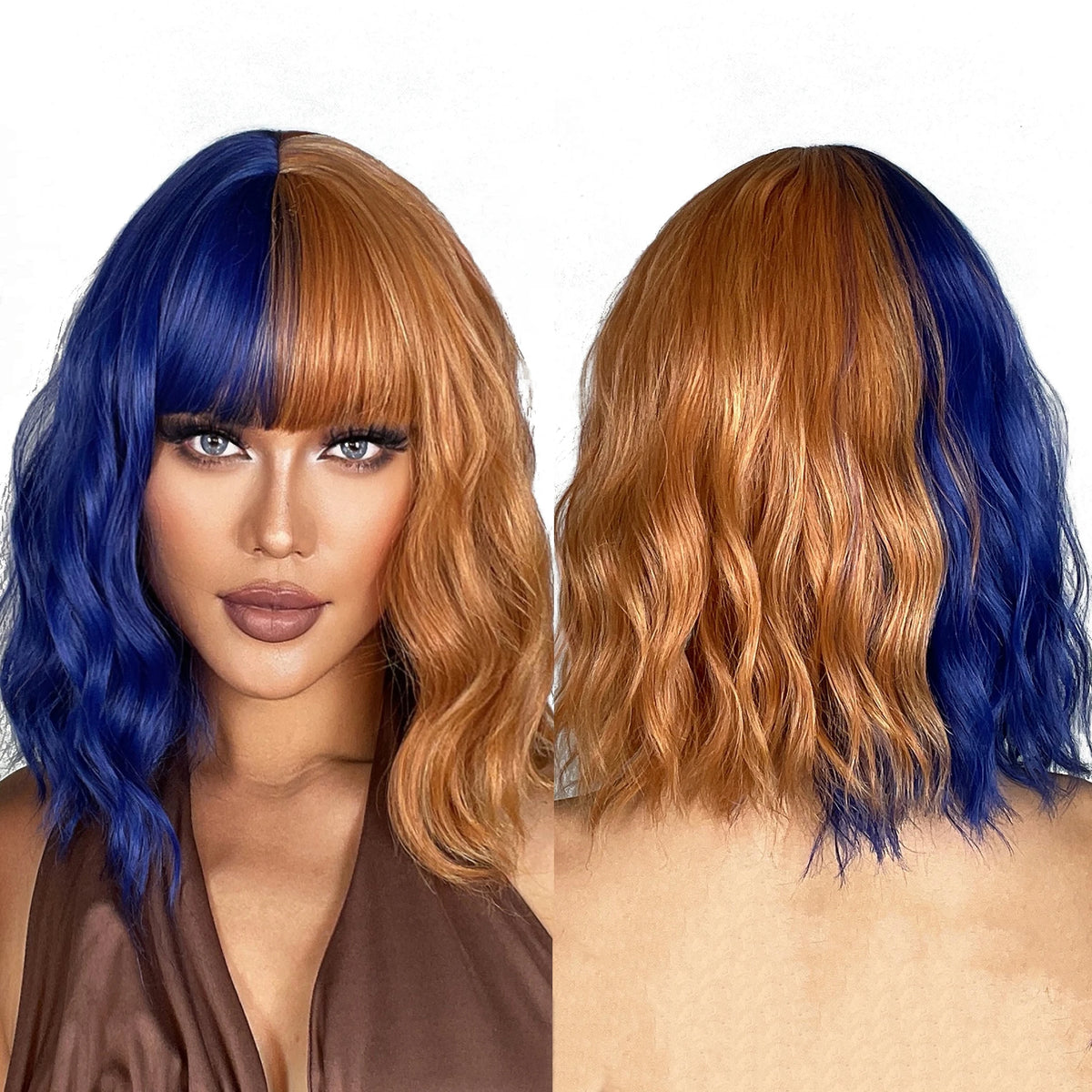 Pink Gold Blue Ombre Bang Bob Synthetic Wig Short Curly Hair Durable Matte Real Photo