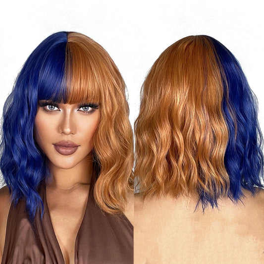 Pink Gold Blue Ombre Bang Bob Synthetic Wig Short Curly Hair Durable Matte Real Photo