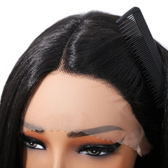 Future Fiber 32-Inch 13x1x6 T-Shaped Lace Front Wig Soft Smooth Black Lace Wig Closed Cap Real Photo Straight Style Transparent