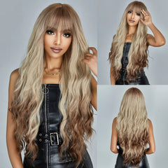 MOQ1 Ombre Blonde Brown Curly Wig Long Wave Hair Wigs with Bangs for White Women Synthetic Wig with Dark Roots Daily Use