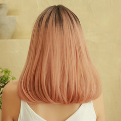 OEM/ODM Dark brown amber Pink Medium straight hair with bangs natural women's wig role play / daily synthetic hair