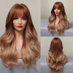 Red Brown Layered Gradient Long Synthetic Wig With Bangs Wave Wig Curly Natural Wig Durable Smooth Real Photos
