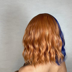 Pink Gold Blue Ombre Bang Bob Synthetic Wig Short Curly Hair Durable Matte Real Photo