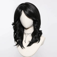 Fully Stocked Pure Black Ombre Medium Length Synthetic Wig With Bang Wig Curly Natural Wig Durable and Smooth Scene Photo