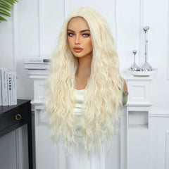Synthetic Fiber Long Curly Wig with Elastic Cap Natural Blonde Loose Waves No Bangs Sea Wave Style Heat-resistant Wig