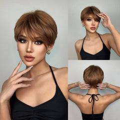 Real Photo Blonde Ombre White Short Pixie Bob Synthetic Wig with Natural Layering and Bangs Suitable for Both Men and Women