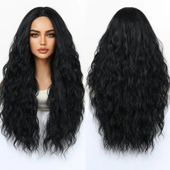 Synthetic Fiber Wig African Curly Super Wave Pure Black Elastic Cap Bangs Dark Long Heat-Resistant Loose Wave Style