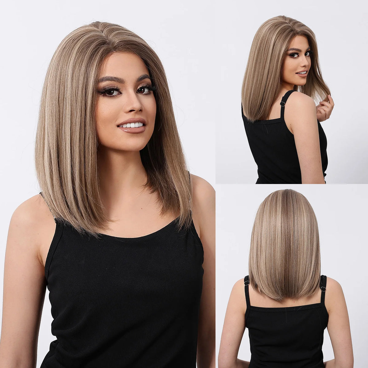Future Fiber Straight BOB Lace Front Wig Synthetic Wig Transparent Lace Soft and Smooth Real Photo Blonde Ombre Brown Stripes