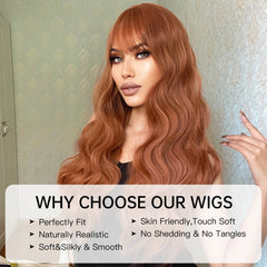 Copper Red Brown Synthetic Wigs Long Curly Wave Auburn Wigs with Bangs for Cosplay Daily Natural