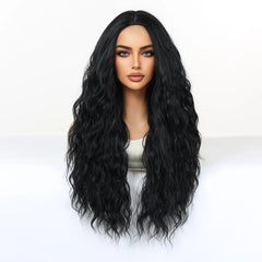 Synthetic Fiber Wig African Curly Super Wave Pure Black Elastic Cap Bangs Dark Long Heat-Resistant Loose Wave Style