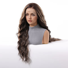 Futura Fiber 13x6 Lace Synthetic Wig Dark Brown and Gold Mixed Color Long Curly Soft High Density Real Video Heat Resistant