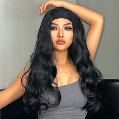 Headband Wig Pure Black Long Wavy Curly Synthetic Wig Heat-resistant Clip Soft Elastic Cap Real Photo