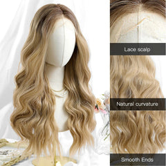 Japan Fiber Synthetic Women's 13x4 Lace Wig Long Wavy Wigs Blonde Color Daily Party High Density Heat Resistant Hair