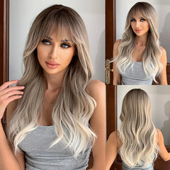 Dark Brown Kinky Curly Wave Mixed Blonde Synthetic Wigs with Bangs Deep Wave Long Hair Wig for Women