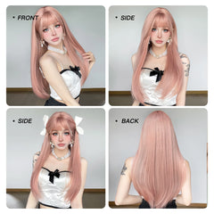High-Grade Fiber Synthetic Wig Long and Loose Straight Pink Hair Elastic Breathable Cap with Rose Mesh Real Photo