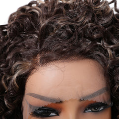 Brown Super Curly Ombre White Stripe Bob Lace Wig Future Fiber Soft Breathable Closed Cap African Wig Real Photo