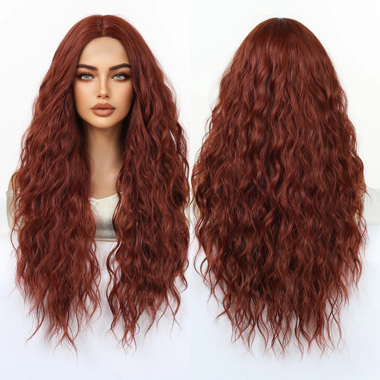 Synthetic Fiber Long Red Brown African Curl Super Wave Heat Resistant Elastic Cap Natural Loose Water Wave Hair No Bangs