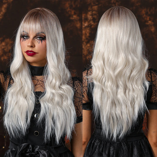 Heat Resistant Fiber Long Wig Platinum Ombre Natural Curly Hair Synthetic Bangs Wig Curly Hair Matte High Density Real Photo