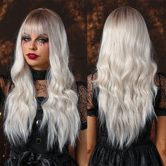 Heat Resistant Fiber Long Wig Platinum Ombre Natural Curly Hair Synthetic Bangs Wig Curly Hair Matte High Density Real Photo