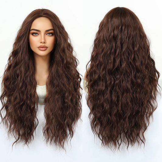 Synthetic Future Fiber Long Deep Brown African Curl Super Wave Heat Resistant Elastic Cap Natural Loose Wave Wig
