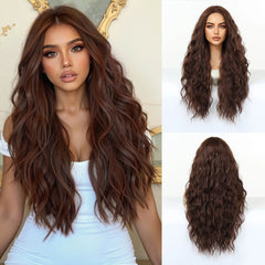 Synthetic Future Fiber Long Red-Brown for Ombre Mixed Stripes Wig Elastic Cap Natural Loose Wavy No Bangs Water Wave Style