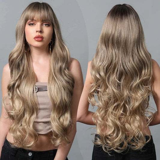 34 Inch Extra Long Heat Resistant Fiber Wig Golden Layered Large Wave Curly Synthetic Wig Curly Hair Matte High Density 1000
