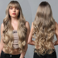 34 Inch Extra Long Heat Resistant Fiber Wig Golden Layered Large Wave Curly Synthetic Wig Curly Hair Matte High Density