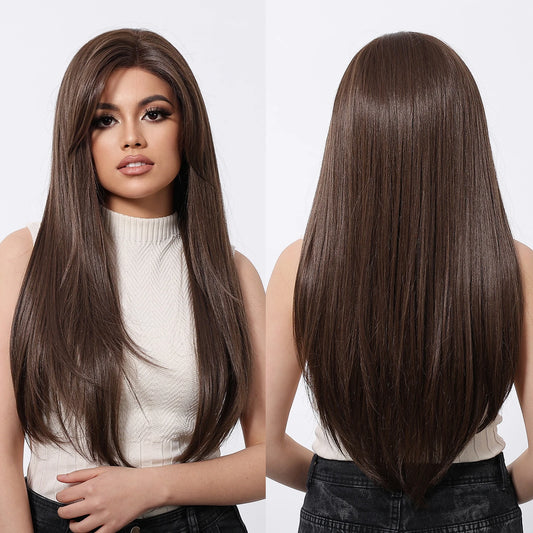 13x6 HD U Lace Wig Synthetic Future Fiber Straight Natural Hair Vertical Brown Stripes Real Photo Video Medical