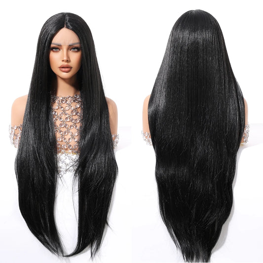 Future Fiber 32-Inch 13x1x6 T-Shaped Lace Front Wig Soft Smooth Black Lace Wig Closed Cap Real Photo Straight Style Transparent